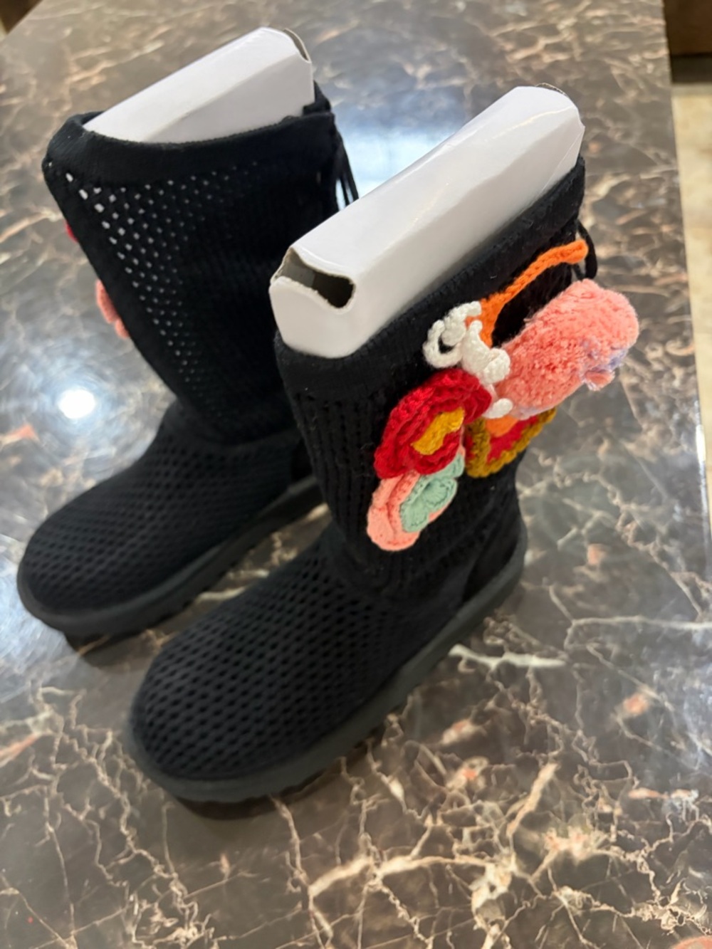 UGG Black Knit Mid-Calf Boots with Multicolor Floral Applique. Limited edition - Picture 2 of 10
